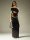 SHEIN MISSGUIDED Off Shoulder Evening Gown Studded Bardot Cut Out Waist Long Dress Crystal
