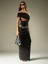 SHEIN MISSGUIDED Off Shoulder Evening Gown Studded Bardot Cut Out Waist Long Dress Crystal