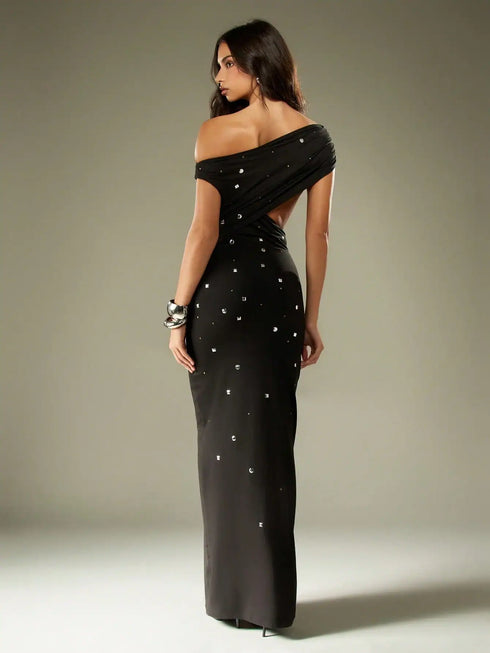 SHEIN MISSGUIDED Off Shoulder Evening Gown Studded Bardot Cut Out Waist Long Dress Crystal