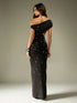 SHEIN MISSGUIDED Off Shoulder Evening Gown Studded Bardot Cut Out Waist Long Dress Crystal
