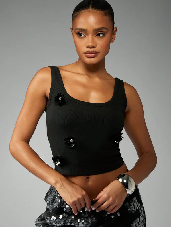 SHEIN MISSGUIDED Ribbed Tank Top With Black Flower
