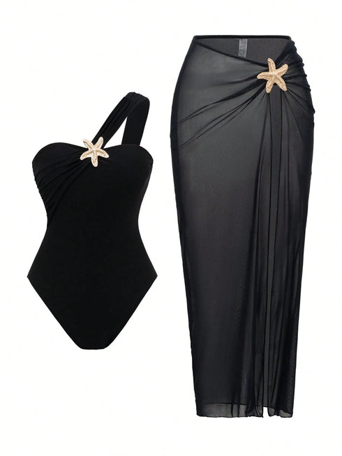 SHEIN Fashionable High-End Beach Vacation Summer Sexy Black One-Piece Star Decor Tankini Swimsuit Set