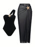 SHEIN Fashionable High-End Beach Vacation Summer Sexy Black One-Piece Star Decor Tankini Swimsuit Set