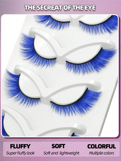 SHEIN GROINNEYA 5 Pairs Colored False Eyelashes Cat Eye Eyelashes Blue Faux Mink Lashes Cosplay Fluffy Soft Cross Wispy Natural Eyelash Extension