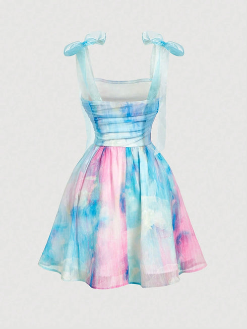 SHEIN MOD Women's Blue And Pink Tie-Dye Print Ruched Shoulder Knot Camisole Mini Dress