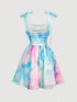 SHEIN MOD Women's Blue And Pink Tie-Dye Print Ruched Shoulder Knot Camisole Mini Dress