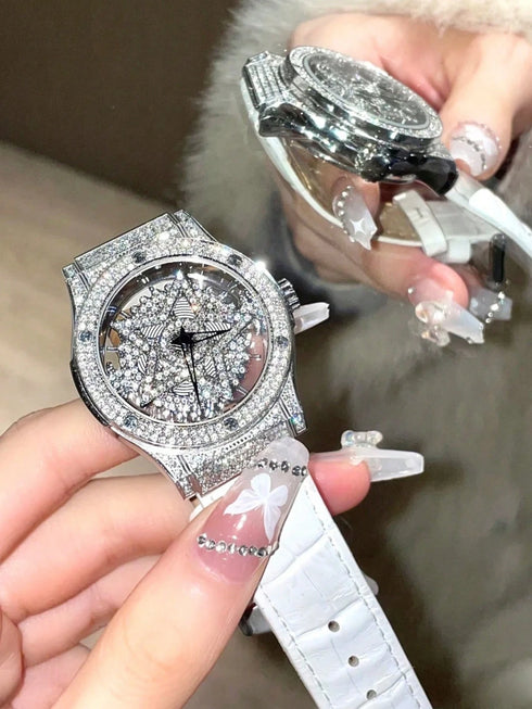 SHEIN This Fashionable Transparent Back Diamond Ladies' Wristwatch Features A Rotatable Starry Dial Design, Stainless Steel Case, White Leather Strap