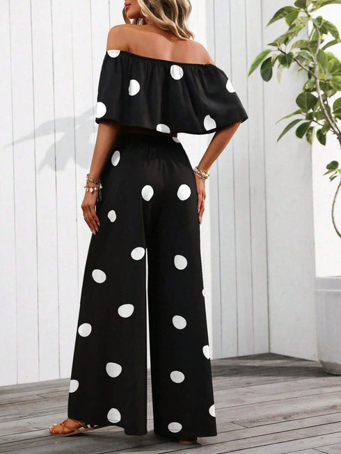SHEIN MERY ROSE Women's Vacation Polka Dot Print Off-Shoulder Cropped Top And Wide Leg Pants Loose Casual 2pcs Set