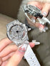 SHEIN This Fashionable Transparent Back Diamond Ladies' Wristwatch Features A Rotatable Starry Dial Design, Stainless Steel Case, White Leather Strap