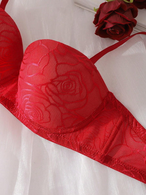 SHEIN FairyFlirt 1pc Push-Up 1/2 Cup Elegant Floral Print Red Comfortable Daily Wear Bra