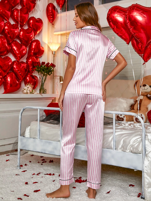 SHEIN LuxeNights Striped Print Contrast Binding Satin PJ Set / Pajama Set