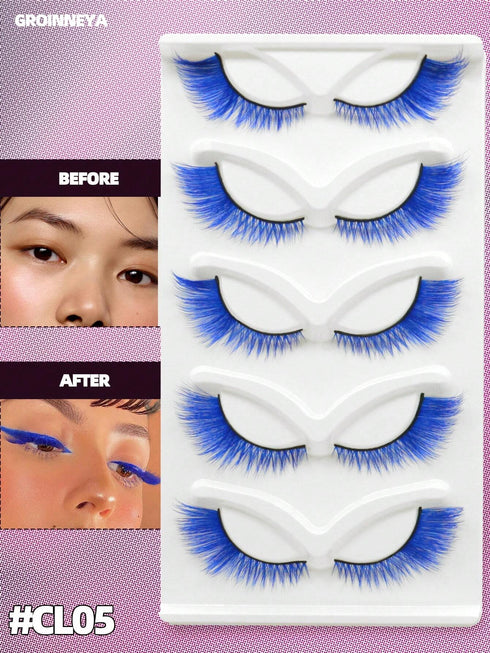 SHEIN GROINNEYA 5 Pairs Colored False Eyelashes Cat Eye Eyelashes Blue Faux Mink Lashes Cosplay Fluffy Soft Cross Wispy Natural Eyelash Extension