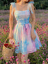 SHEIN MOD Women's Blue And Pink Tie-Dye Print Ruched Shoulder Knot Camisole Mini Dress