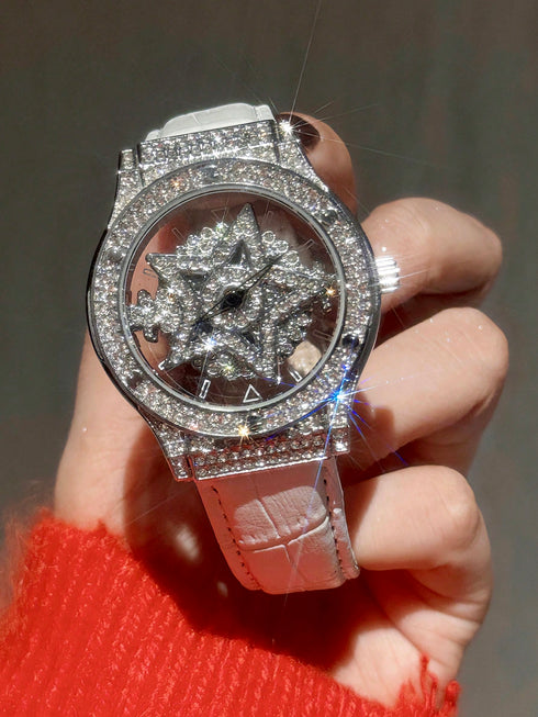 SHEIN This Fashionable Transparent Back Diamond Ladies' Wristwatch Features A Rotatable Starry Dial Design, Stainless Steel Case, White Leather Strap