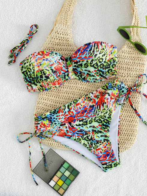 SHEIN wim Vcay Tropical Floral Print Spaghetti Strap Ruched Bust Bandeau Bikini