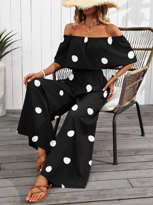 SHEIN MERY ROSE Women's Vacation Polka Dot Print Off-Shoulder Cropped Top And Wide Leg Pants Loose Casual 2pcs Set