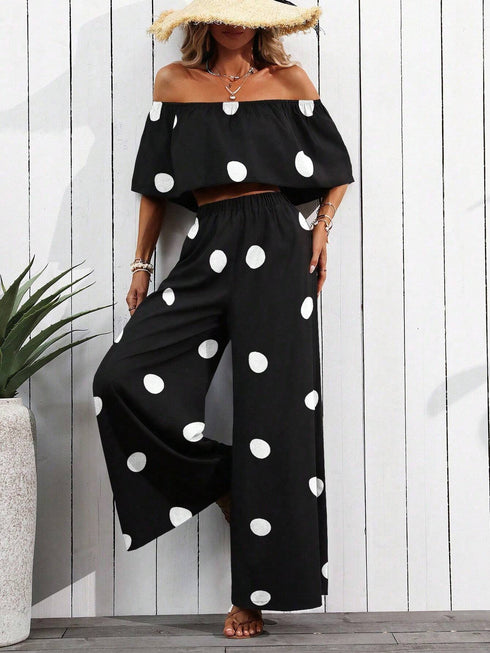 SHEIN MERY ROSE Women's Vacation Polka Dot Print Off-Shoulder Cropped Top And Wide Leg Pants Loose Casual 2pcs Set
