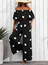 SHEIN MERY ROSE Women's Vacation Polka Dot Print Off-Shoulder Cropped Top And Wide Leg Pants Loose Casual 2pcs Set