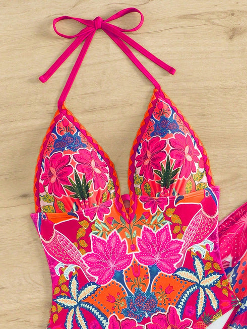 SHEIN Swim Vcay 2pcs/Set 2025 Exclusive Pink And Orange Floral