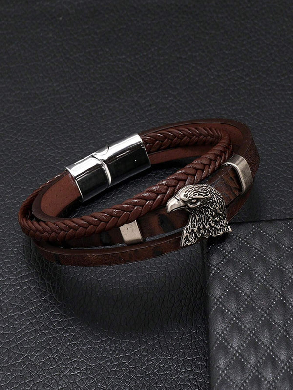 SHEIN Men's Bracelet - Vintage Personalized Eagle Head Leather Braided