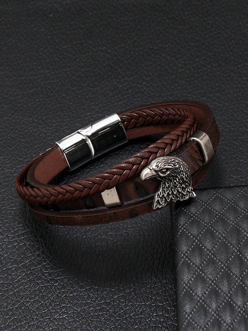 SHEIN Men's Bracelet - Vintage Personalized Eagle Head Leather Braided