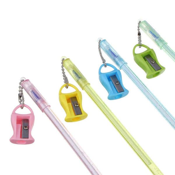 Colorful pens with keychain holders and sharpener attachments on a white background
