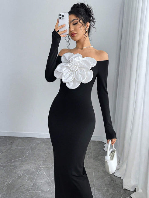 SHEIN Elegant Off Shoulder Floral Embellished Bodycon Dress