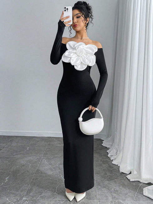 SHEIN Elegant Off Shoulder Floral Embellished Bodycon Dress