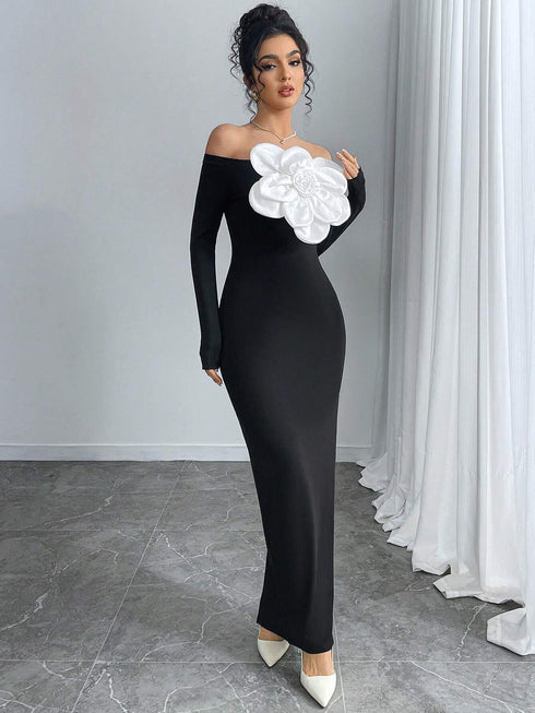 SHEIN Elegant Off Shoulder Floral Embellished Bodycon Dress