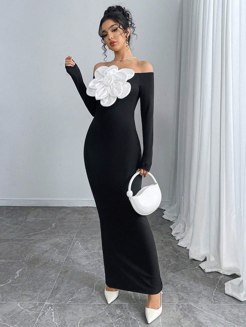 SHEIN Elegant Off Shoulder Floral Embellished Bodycon Dress