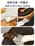 Scraping off various types of stains with a tool, including glue on wood, ice on freezer, and grime on surfaces.