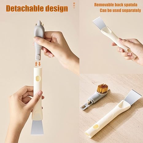 Detachable spatula tool with a spatula attachment and a brush attachment on a beige background.
