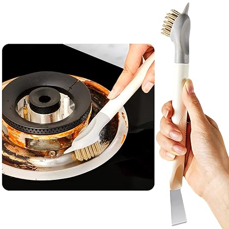 Cleaning brush being used on a stove burner with a close-up of the brush's bristle head.