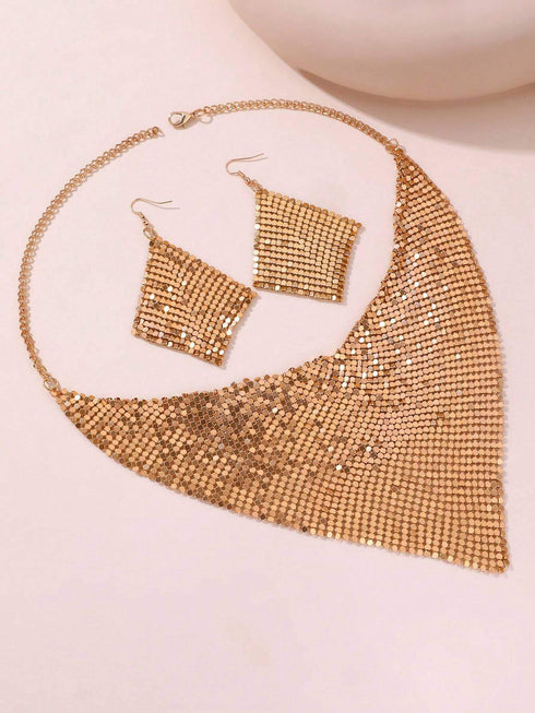 SHEIN NAIZHU 3pcs/Set Fashionable Women's Exaggerated Leopard Print Metal Texture Necklace & Earrings Set