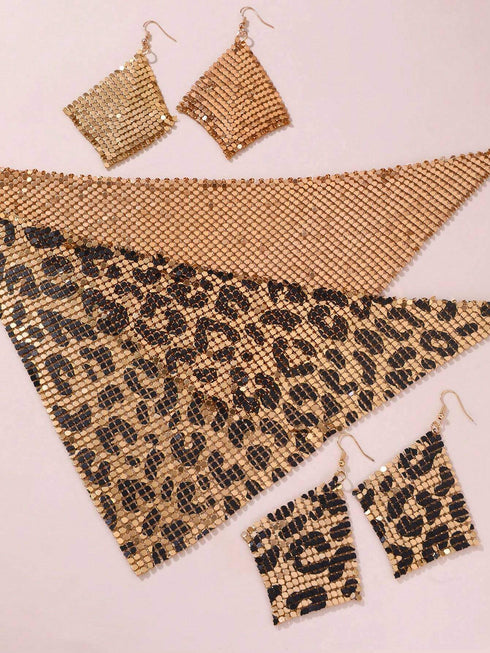 SHEIN NAIZHU 3pcs/Set Fashionable Women's Exaggerated Leopard Print Metal Texture Necklace & Earrings Set