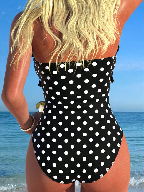 SHEIN New Fashionable Sexy Elegant Striped Lace Ruffle Bust Bow Detachable Strap One-Piece Swimsuit For Beach, Pool Party, Vacation Summer, Vacationcore