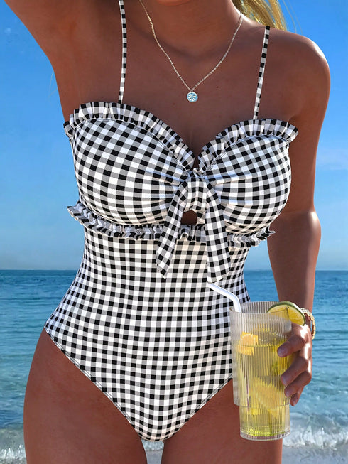 SHEIN New Fashionable Sexy Elegant Striped Lace Ruffle Bust Bow Detachable Strap One-Piece Swimsuit For Beach, Pool Party, Vacation Summer
