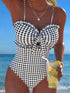 SHEIN New Fashionable Sexy Elegant Striped Lace Ruffle Bust Bow Detachable Strap One-Piece Swimsuit For Beach, Pool Party, Vacation Summer