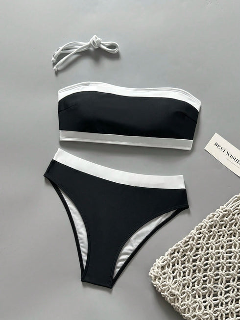 SHEIN New Fashionable Sexy Solid Color Detachable Strap Strapless Bikini Swimwear For Women, Suitable For Beach, Pool Party, Vacation Summer