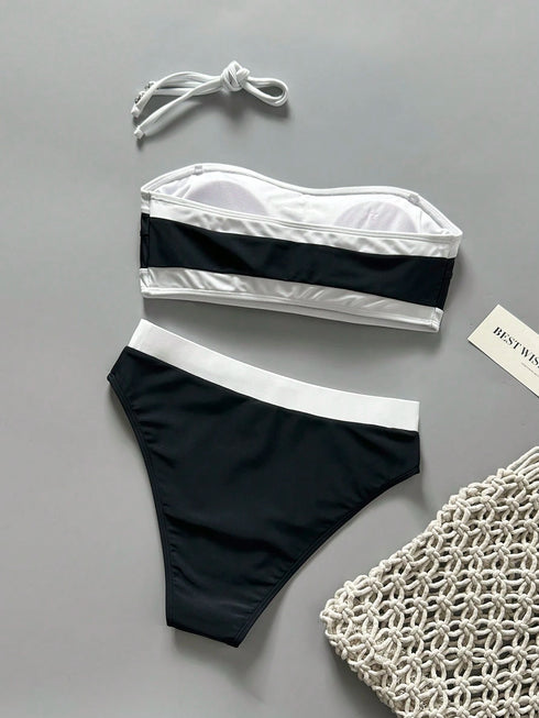 SHEIN New Fashionable Sexy Solid Color Detachable Strap Strapless Bikini Swimwear For Women, Suitable For Beach, Pool Party, Vacation Summer
