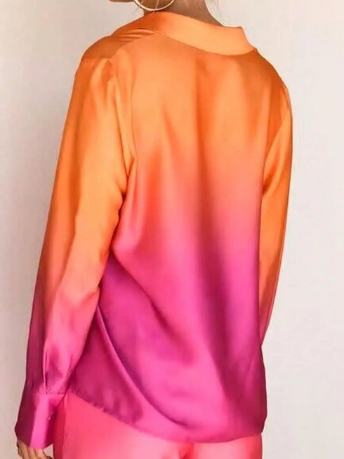 SHEIN New Women's Long Sleeved Satin Gradient Color Lapel Slanted Shoulder