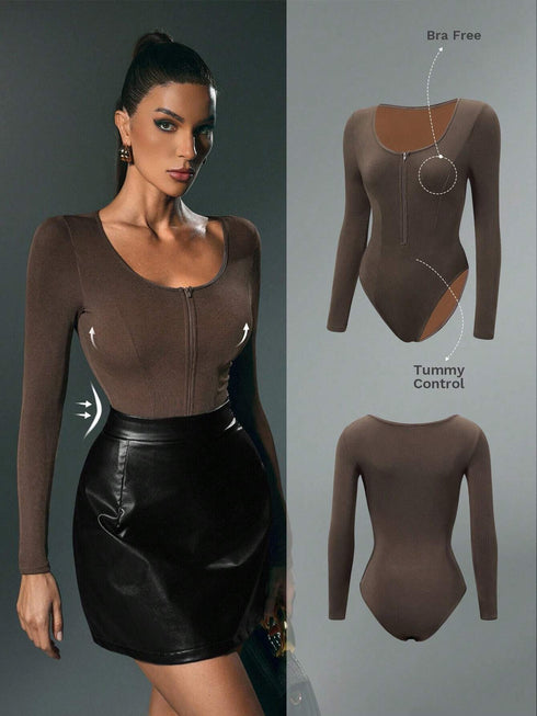 Nuvra Women's Brown Round Neck Zipper Decor