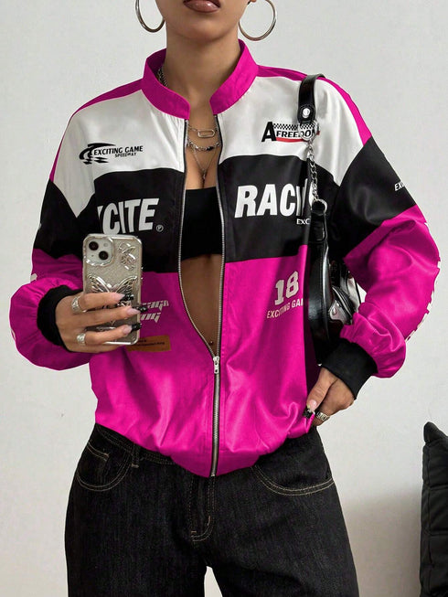 PETITE Letter Print Contrast Color Drop Shoulder Bomber Jacket
