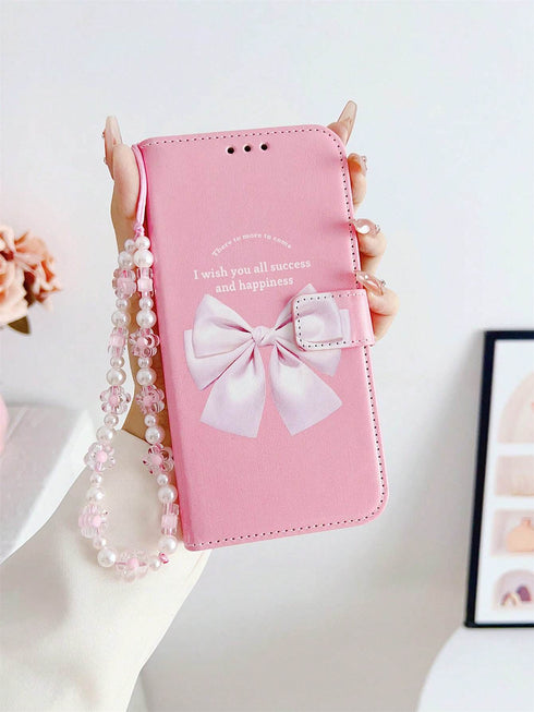 SHEIN Peach Large Bow Faux Pearl Decor Wristband Case Compatible