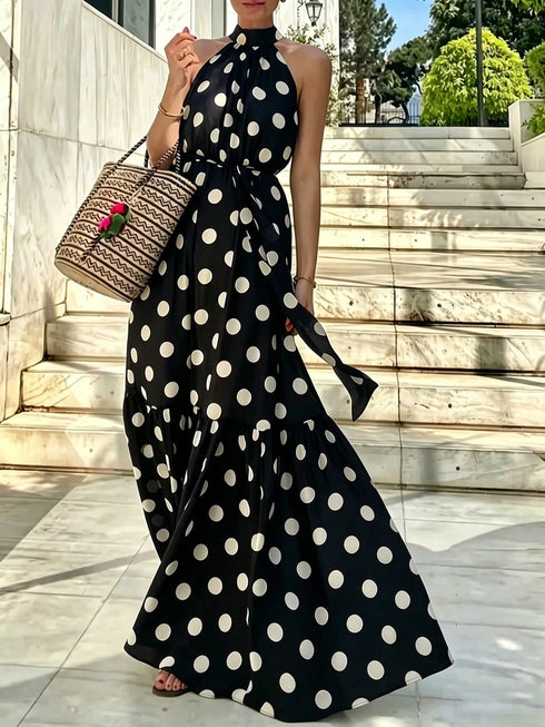 SHEIN Polka Dot Bohemian Elegant Casual Waist Tie Ruffle Hem Halter Dress For Women Vacation Black Summer