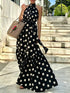 SHEIN Polka Dot Bohemian Elegant Casual Waist Tie Ruffle Hem Halter Dress For Women Vacation Black Summer