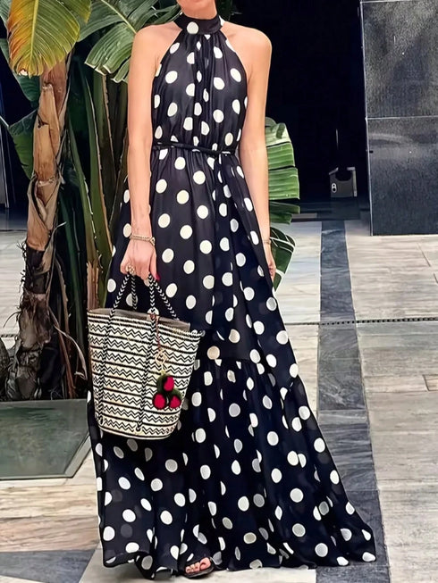 SHEIN Polka Dot Bohemian Elegant Casual Waist Tie Ruffle Hem Halter Dress For Women Vacation Black Summer