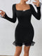Privé Women's Square Neck Bowknot Color Blocking Fitted Fish Tail Splice Sheer Dress