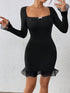 Privé Women's Square Neck Bowknot Color Blocking Fitted Fish Tail Splice Sheer Dress