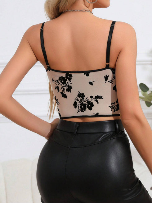 SHEIN RAHQ 1pc New Floral Flocked Sheer Mesh Bodycon Camisole Tank Top